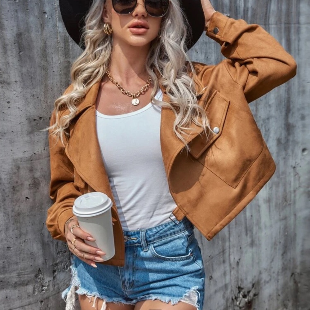 Camel Suede Lapel Buckle Jacket